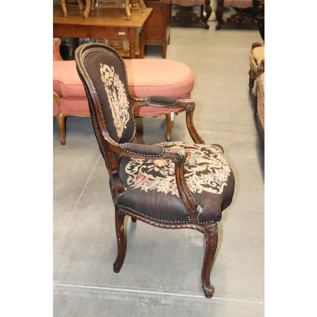 Wood French Louis XV Brown Needlepoint Armchair Circa 1940 For Sale - Image 7 of 13