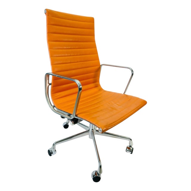 Herman Miller for Eames Executive Height Aluminum Group Chair in Orange Leather For Sale
