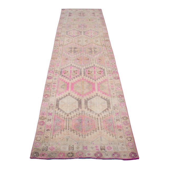 Vintage Turkish Hand-Knotted Runner Rug Pink Hallway Kitchen Decor - 2′9″ × 10′ For Sale