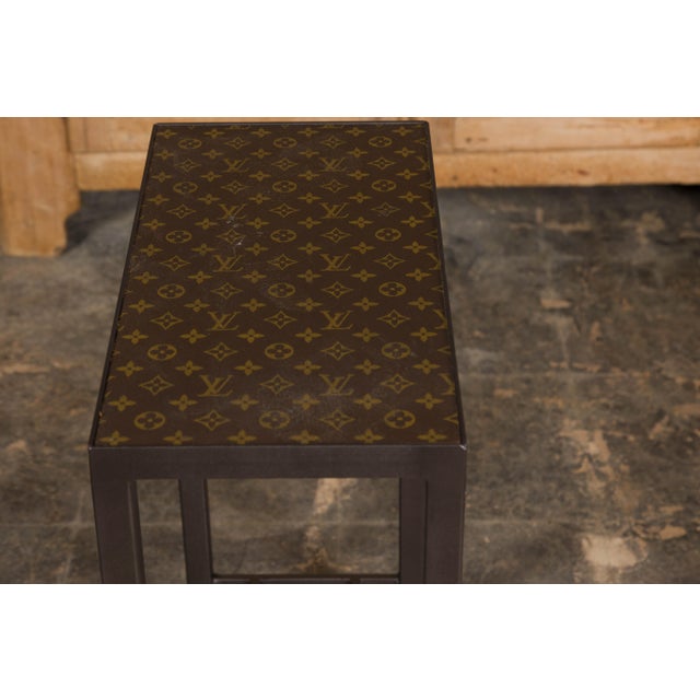 Louis Vuitton Narrow Side Table with Louis Vuitton Leather Top and Custom Metal Stand For Sale - Image 4 of 11
