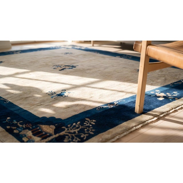 1930s 1930s Beige Floral Antique Chinese Peking Rug 8'0"x 9'8" Handknotted Wool Carpet For Sale - Image 5 of 7
