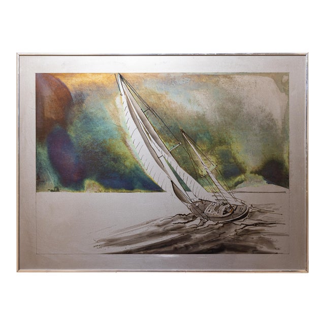 Vintage Framed Sailboat Metal Wall Art by Rene For Sale