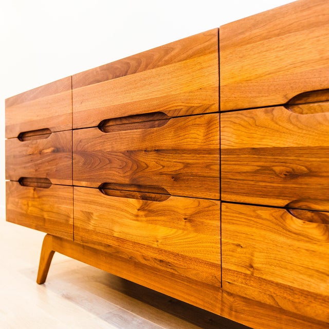 1960s Solid Walnut Nine Drawer Lowboy Dresser With Sculpted Pulls For Sale - Image 13 of 14