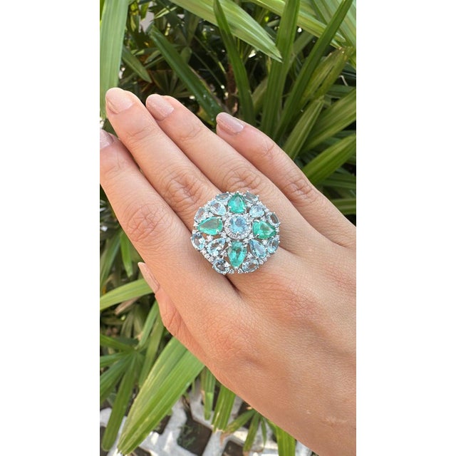 Set in 18k White Gold, Aquamarines, Colombian Emeralds & Diamonds Cocktail Ring, Us Size 6 For Sale - Image 9 of 9