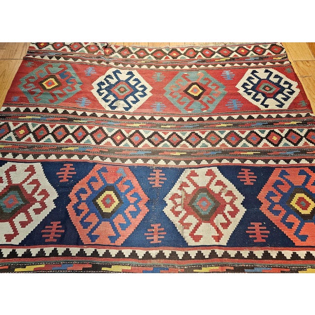 19th Century Caucasian Kazak Kilim, Geometric Pattern, Wool Flatweave, Blue & Green, 7' X 12' For Sale - Image 15 of 18