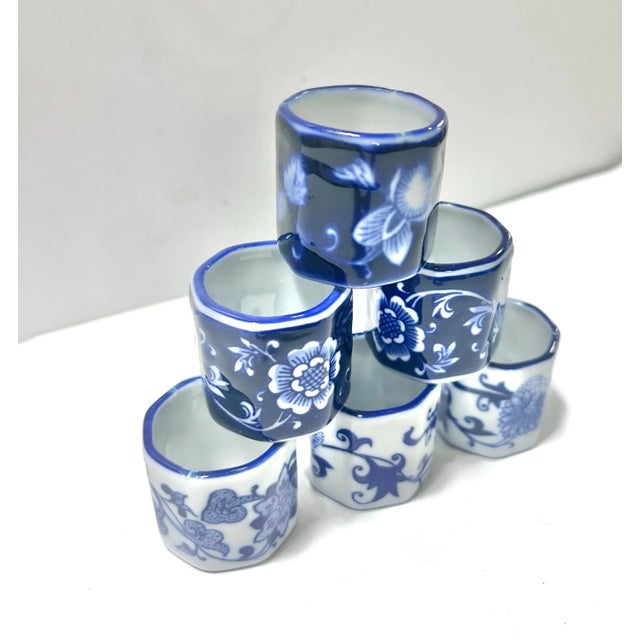 Vintage Blue & White Chinoiserie Porcelain Napkin Rings – Set of 6 For Sale - Image 4 of 7