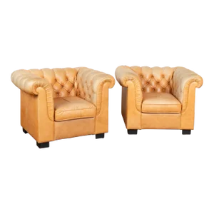 Pair, Vintage Camel Leather Chesterfield Club Armchairs, Denmark Circa 1980