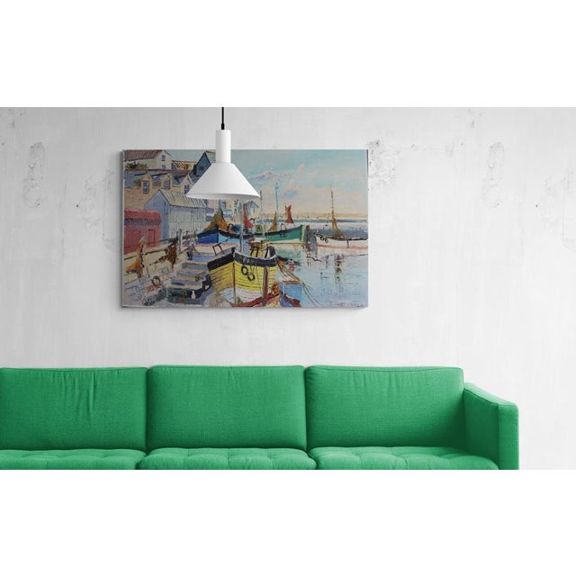 This captivating midcentury oil painting brings to life a serene Mediterranean harbor scene in the picturesque south of...