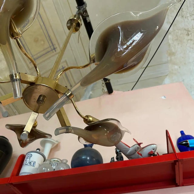 1970s Mid-Century Modern Brown Murano Glass and Brass Chandelier by Franco Luce For Sale - Image 10 of 11