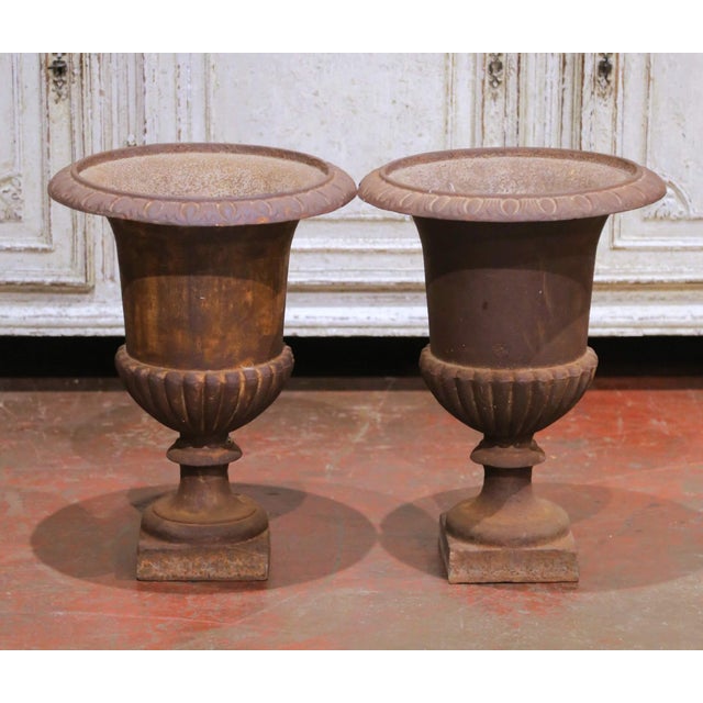 French Pair of 19th Century French Cast Iron Medici Urns With Original Patina For Sale - Image 3 of 12
