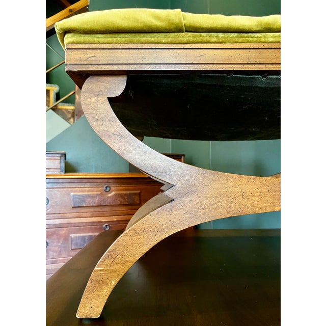 Vintage Regency-Style X-Base Bench by Gilliam Furniture, Featuring Tufted Chartreuse Velvet Upholstery For Sale - Image 9 of 18