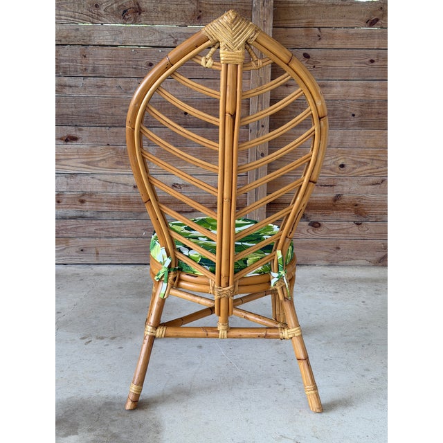 1980s Vintage Coastal Boho Rattan Leaf Back Side Chair With Custom Tropical Cushion For Sale - Image 5 of 12