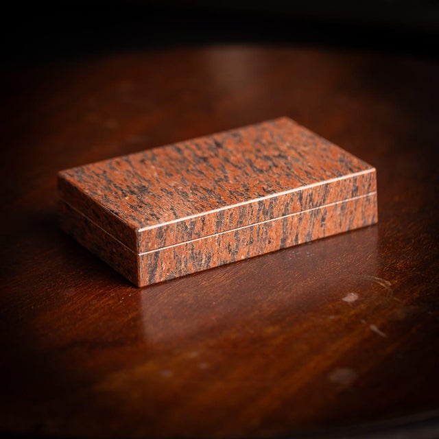 Vintage 20th Century Italian Rosso Maculato stone box. The box is mounted with a brass hinge and lined in black marble....