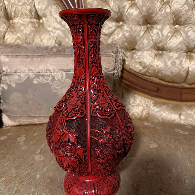 Chinese Early 20th Century 12” Chinese Red Carved Lacquer-Style Vase – Floral & Pomegranate Design For Sale - Image 3 of 11