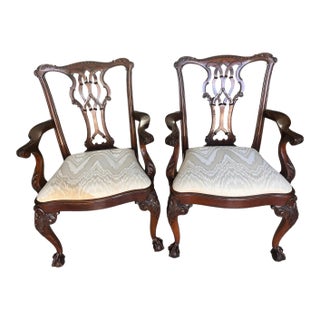 Early 20th Century Thomasville Chippendale Style Mahogany Claw and Ball Armchair Set of Two For Sale