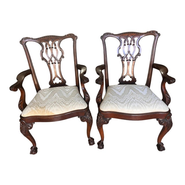Early 20th Century Thomasville Chippendale Style Mahogany Claw and Ball Armchair Set of Two For Sale