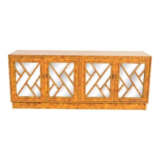 Henredon Style Mid-Century Hollywood Regency Faux Bamboo Mirrored Front Sideboard Credenza, Circa 1970s For Sale