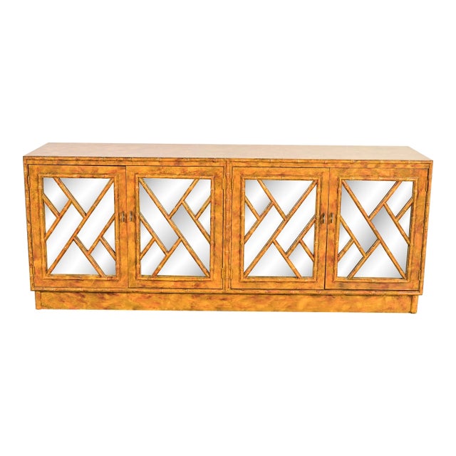 Henredon Style Mid-Century Hollywood Regency Faux Bamboo Mirrored Front Sideboard Credenza, Circa 1970s For Sale