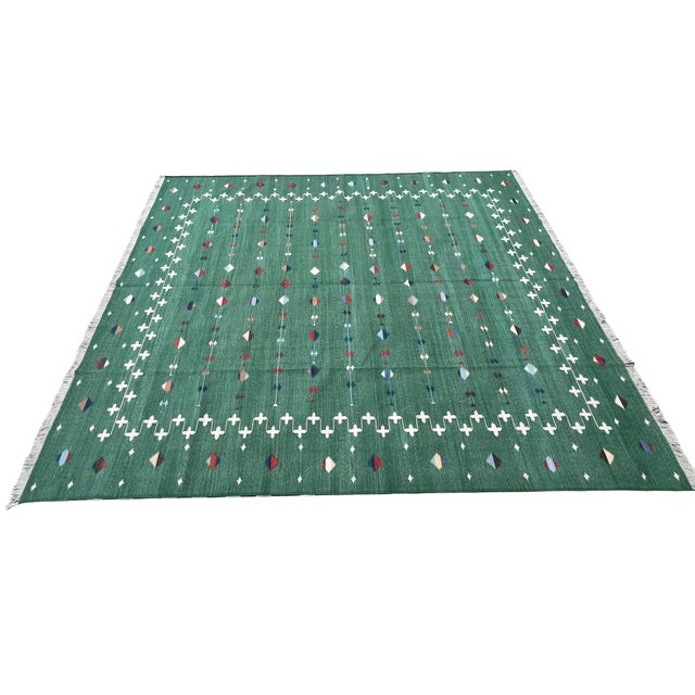 Casa Cosima Handmade Cotton Area Rug, Vegetable Dyed, Forest Green Shooting Star Dhurrie -9'x12' For Sale - Image 4 of 14