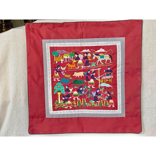 Folk Art Vintage Traditional Hmong Hand-Embroidered Harvest Day Pillow Cover For Sale - Image 3 of 6