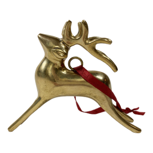 Vintage Solid Brass Reindeer Holiday Ornament With Red Hanging Ribbon