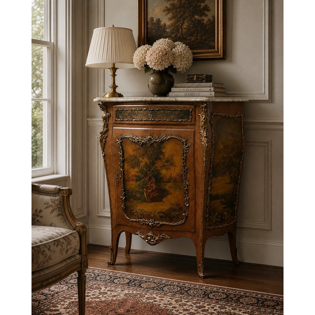 Early 20th Century French Louis XV Style Bombe Cabinet With Shaped Marble Top and Vernis Martin Style Painted Panels For Sale - Image 14 of 14