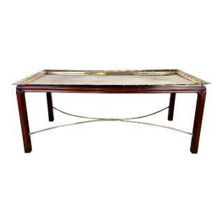 Mid 20th Century Campaign Style Brass Butler’s Tray Top and Mahogany Coffee Table For Sale