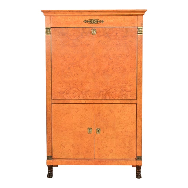 Baker Furniture French Empire Neoclassical Burl Wood Abattant Bar Cabinet, Circa 1980s For Sale