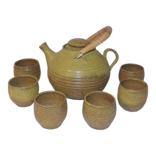 Vintage McMillin Chartreuse Studio Pottery Tea Set Hand Made Hand Thrown Pottery- 8 Pieces For Sale