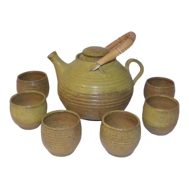 Vintage McMillin Chartreuse Studio Pottery Tea Set Hand Made Hand Thrown Pottery- 8 Pieces For Sale