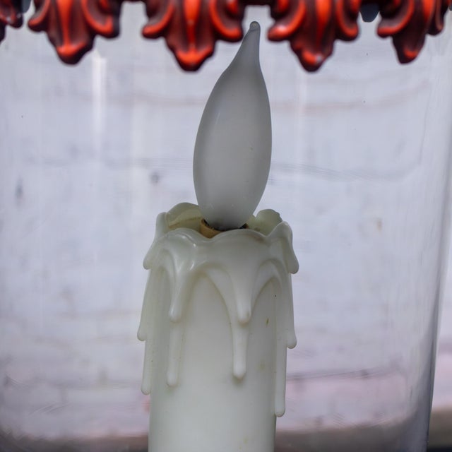 1960-1970’s Campaign Style Hurricane Lantern Table Lamp Orange & Yellow Painted Metal Frame & Brass Accents For Sale - Image 12 of 18