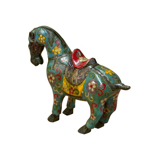 Vintage Chinese Turquoise Blue Flower Cloisonné Enamel Horse Statue For Sale - Image 4 of 13