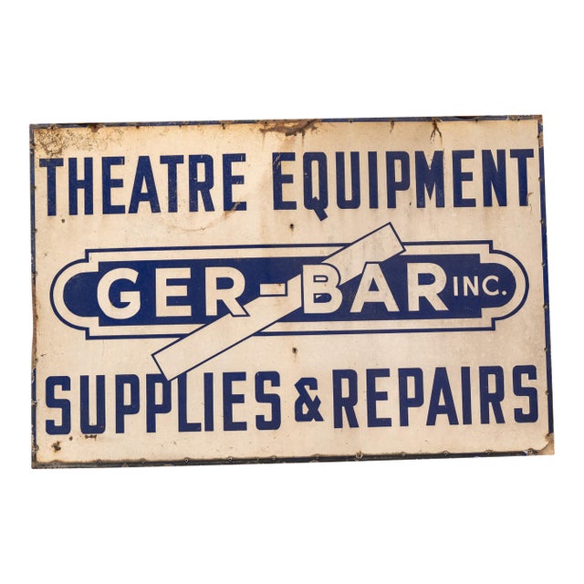 Vintage "Ger-Bar Inc." Theatre Equipment Painted Tin Sign For Sale