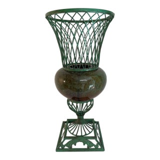 Vintage 1980s Wrought Iron and Ceramic Decorative Urn Planter Cachepot For Sale