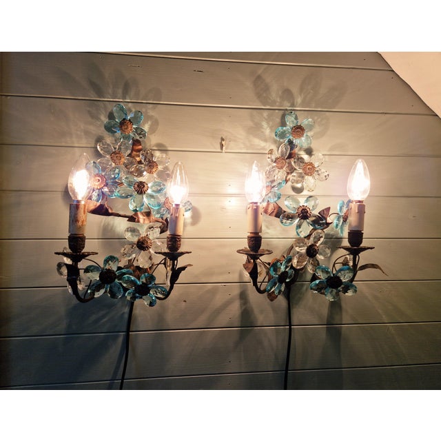 Pair of copper-plated metal wall sconces with Murano glass flowers (turquoise blue and clear crystal), 1950s. Each sconce...