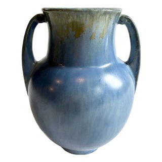 Vintage Roseville Pottery Tourmaline Double Handled Vase Blue & Green Glaze 6” For Sale