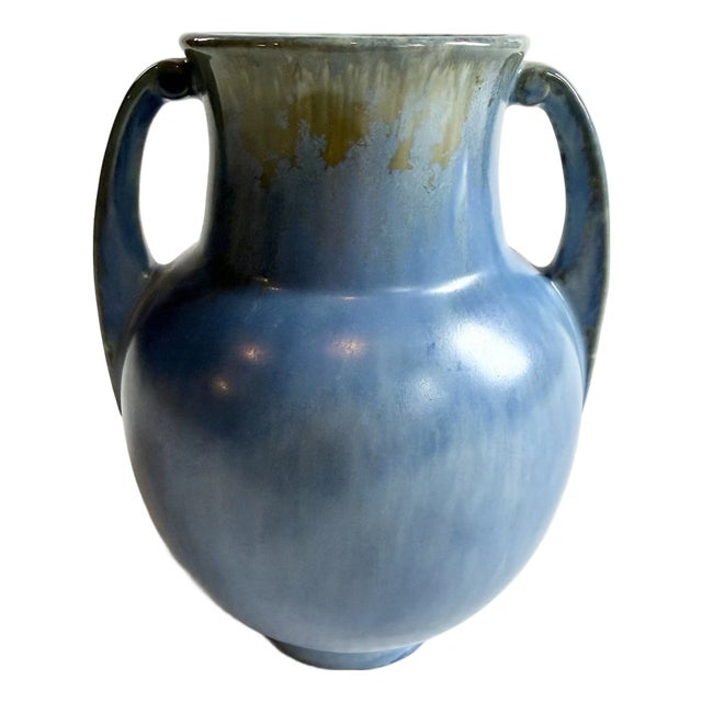 Vintage Roseville Pottery Tourmaline Double Handled Vase Blue & Green Glaze 6” For Sale