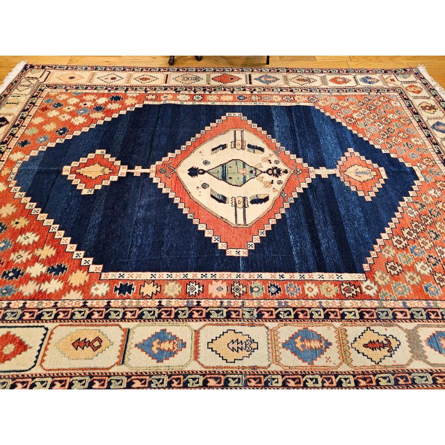 Vintage Turkish Azeri Rug, Hand-Knotted Wool, Geometric Design, Navy & Red, 8x11 For Sale - Image 4 of 15