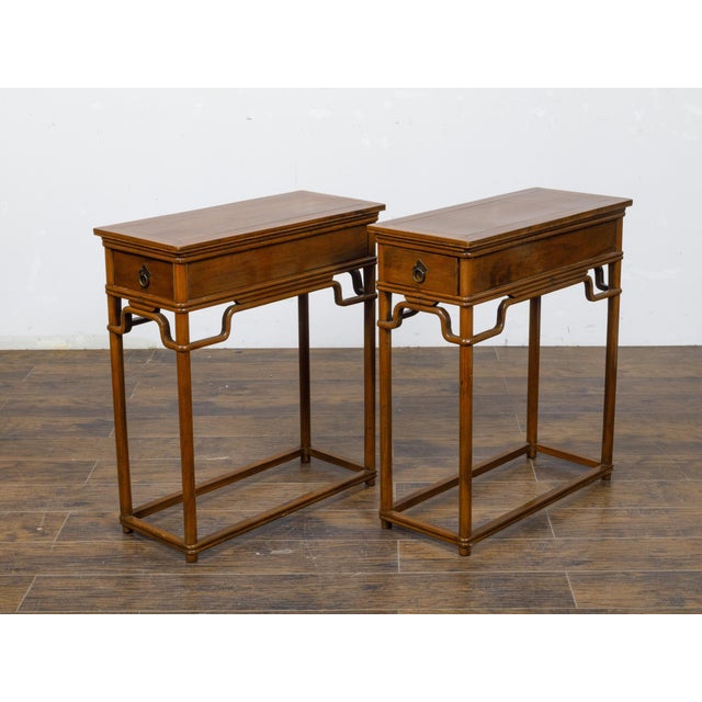 Pair of Teak 19th Century Console Tables with Drawers and Humpback Stretchers For Sale - Image 9 of 12