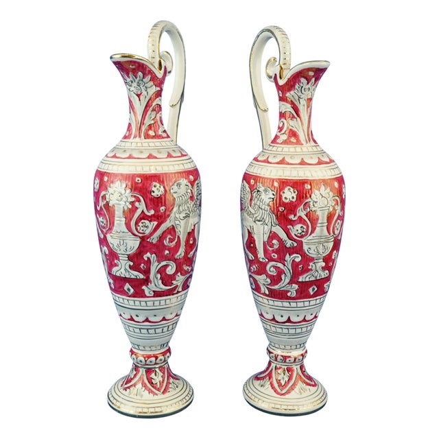 Large Antique Ceramic Amphorae Jugs by Mario Sambuco for Maioliche Deruta, 1890s, Set of 2 For Sale