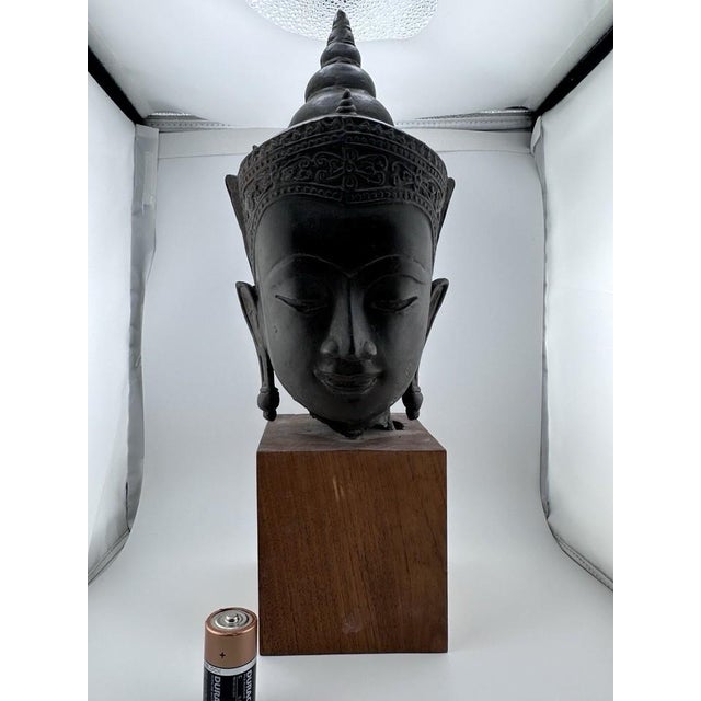 Wood Vintage Bronze Crowned Buddha Head in Thai Ayutthaya Style. Wood Base Sculpture For Sale - Image 7 of 11