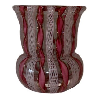 1950s Murano Pink & White Latticino Zanfirico Miniature Cabinet Vase - Manganese Glow For Sale