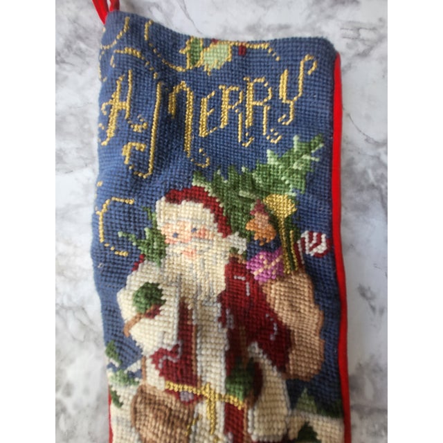 Mid-Century Modern Vintage Wool Needlepoint Christmas Stocking Santa For Sale - Image 3 of 7