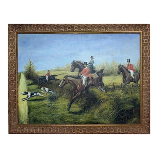 Huge Equestrian Fox Hunt Oil Painting, English Hunting Scene Art, Framed, Signed For Sale