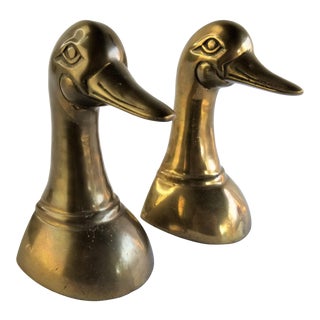Vintage 1950's Solid Brass Mallard Duck Head Leonard Bookends - a Pair For Sale