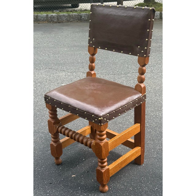 Brown Early 1900’s Oak and Leather Cromwellian Dining Chairs - Set of 6 For Sale - Image 8 of 10
