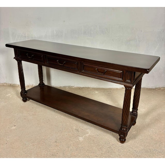 Large Spanish Walnut Rustic Console with Three Drawers and Lower Shelf, 1930s For Sale - Image 11 of 15