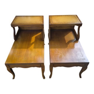 Vintage Stickley Mid-Century Two-Tier Leather Top Step End Tables - A Pair For Sale