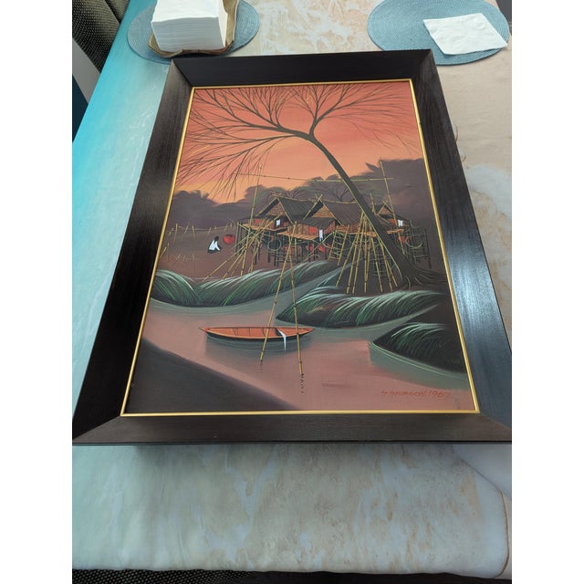 Wood 1967 Original Oil on Canvas Painting by Thai Modernist Sanong Sriboon Framed For Sale - Image 7 of 14