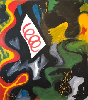 Richard Hennessy, 1979 Large Colorful Abstract Oil Painting "Nightlife" Jazz Inspired Art, 1979